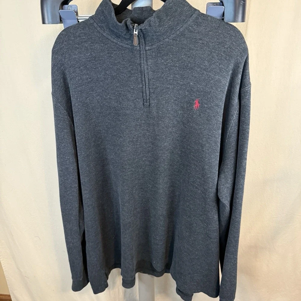Polo Ralph Lauren Men's Estate Rib Quarter-Zip, XXL, Gray w/ Burgundy Pony